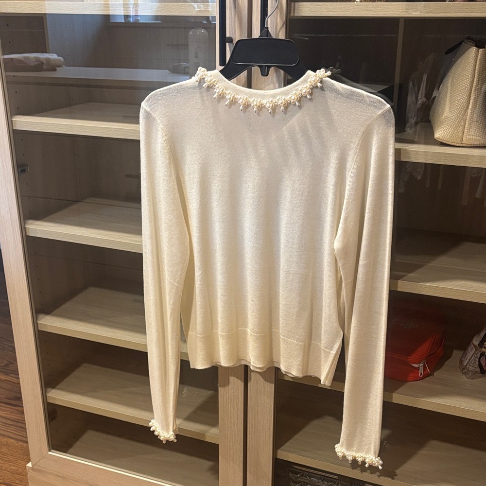 Zara Cream Beaded-Neck Long Sleeve Sweater